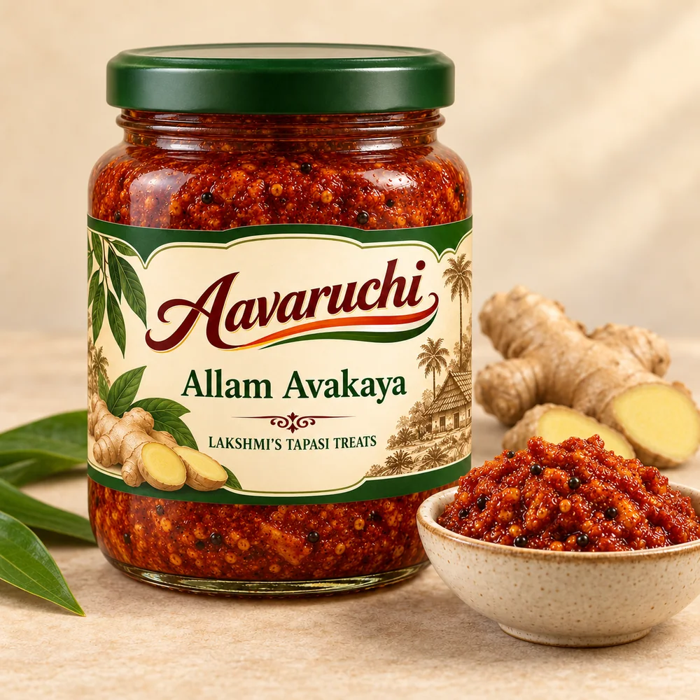 AI-generated product illustration of Avaruchi Allam Avakaya (Ginger) branded packaging