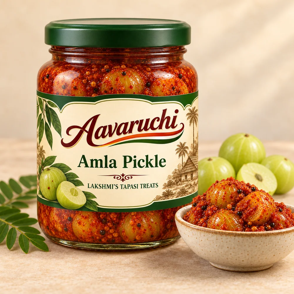 AI-generated product illustration of Avaruchi Amla Pickle (Usirikaya) branded packaging