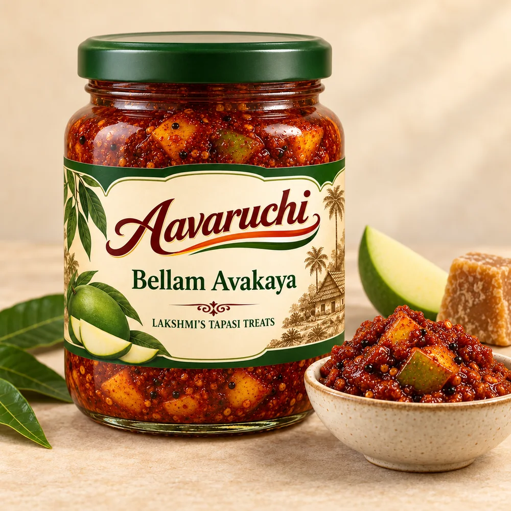 AI-generated product illustration of Avaruchi Bellam Avakaya branded packaging
