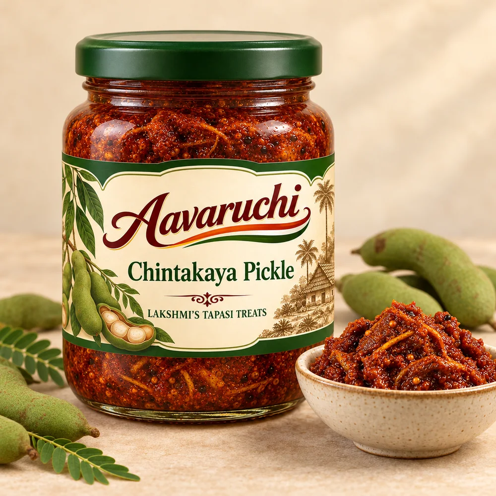 AI-generated product illustration of Avaruchi Chintakaya Pickle branded packaging