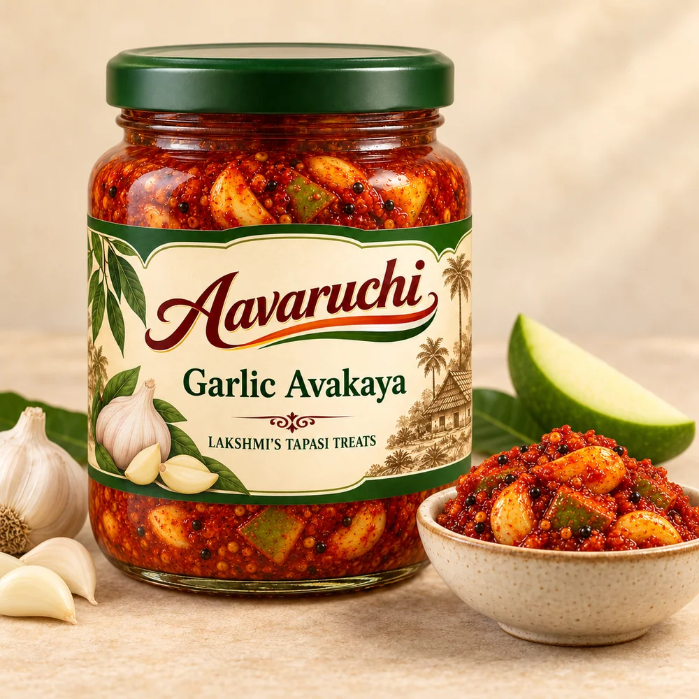 AI-generated product illustration of Avaruchi Garlic Avakaya branded packaging