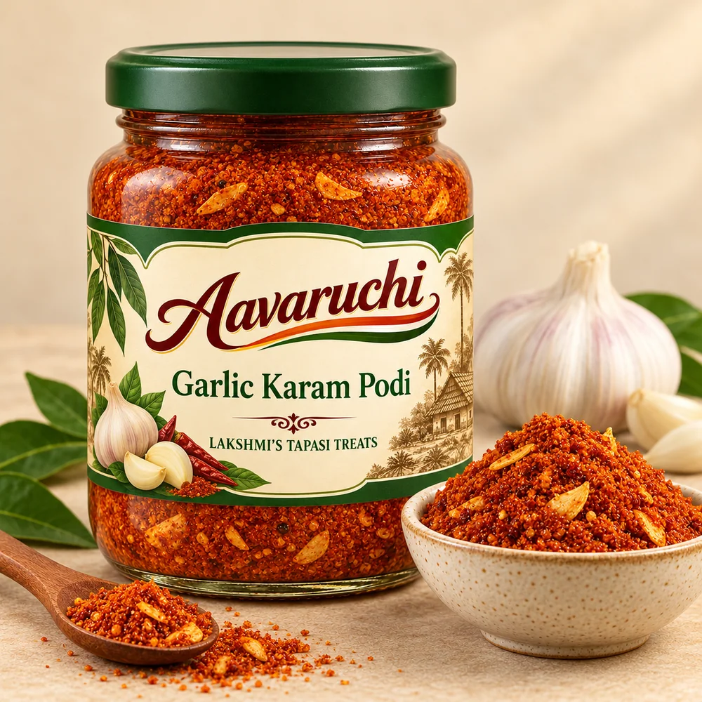 AI-generated product illustration of Avaruchi Garlic Karam Podi branded packaging