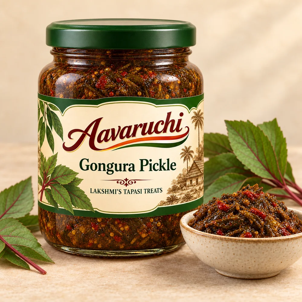 AI-generated product illustration of Avaruchi Gongura Pickle branded packaging