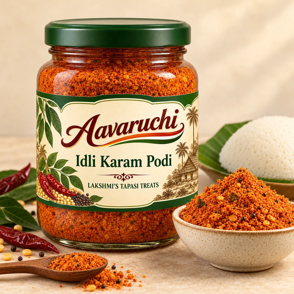 AI-generated product illustration of Avaruchi Idli Karam Podi branded packaging