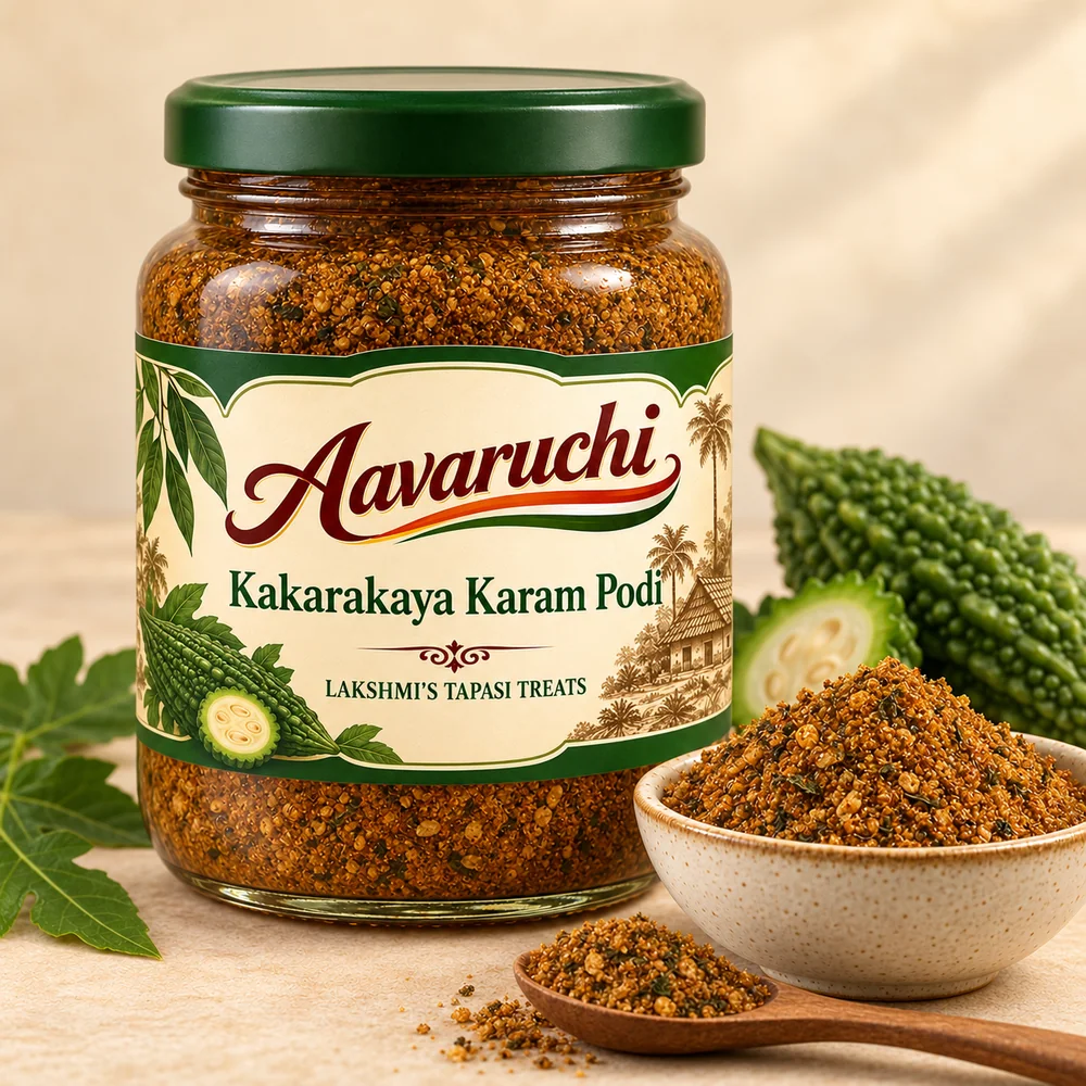 AI-generated product illustration of Avaruchi Kakarakaya Karam Podi branded packaging