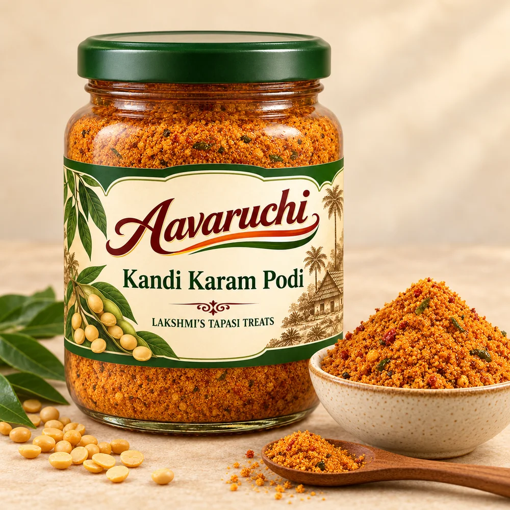 AI-generated product illustration of Avaruchi Kandi Karam Podi branded packaging