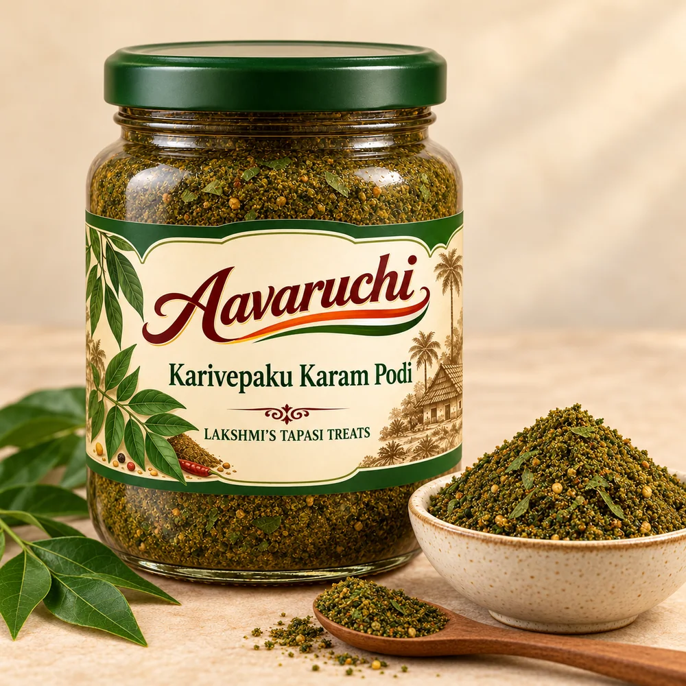 AI-generated product illustration of Avaruchi Karivepaku Karam Podi branded packaging