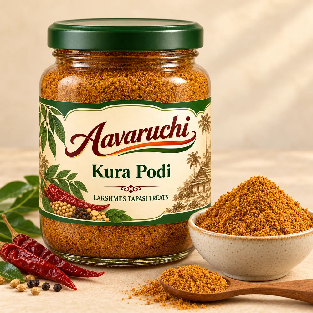 AI-generated product illustration of Avaruchi Kura Podi branded packaging
