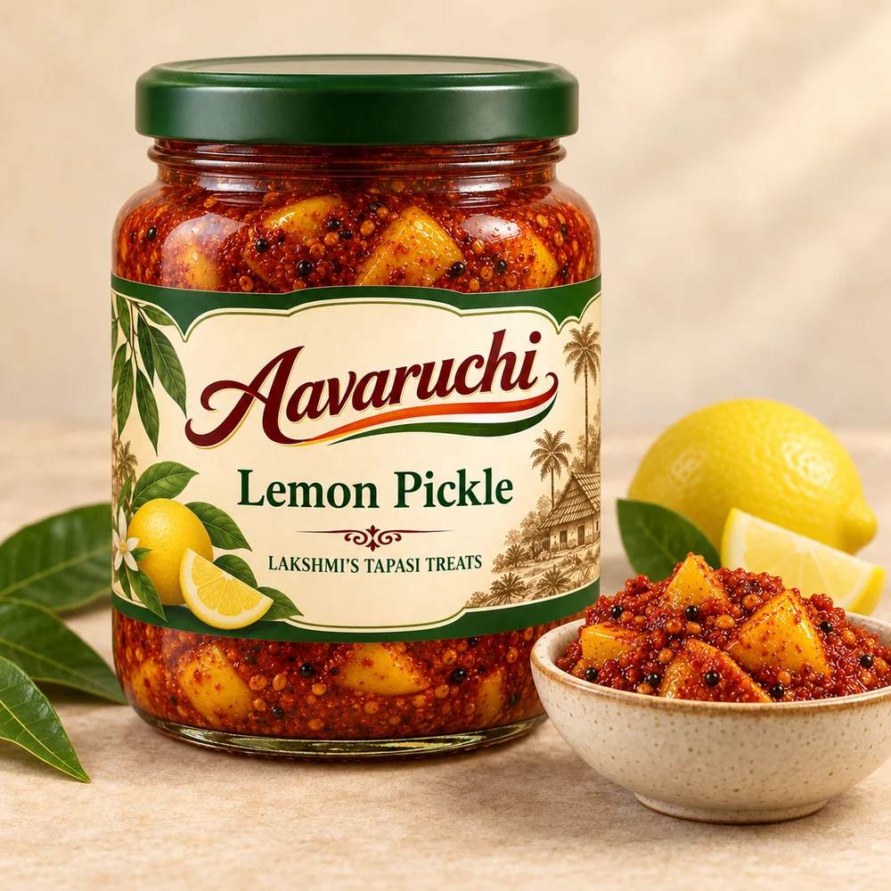 AI-generated product illustration of Avaruchi Lemon Pickle branded packaging