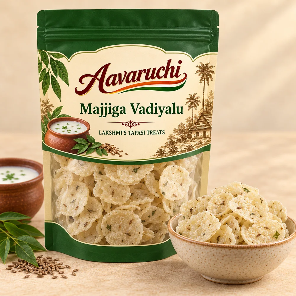 AI-generated product illustration of Avaruchi Majjiga Vadiyalu branded packaging
