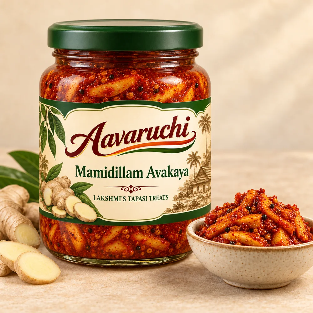 AI-generated product illustration of Avaruchi Mamidillam Avakaya branded packaging