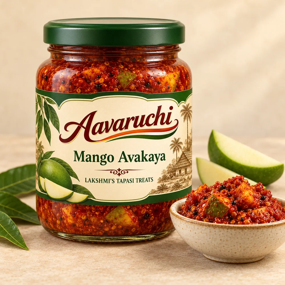 AI-generated product illustration of Avaruchi Mango Avakaya branded packaging