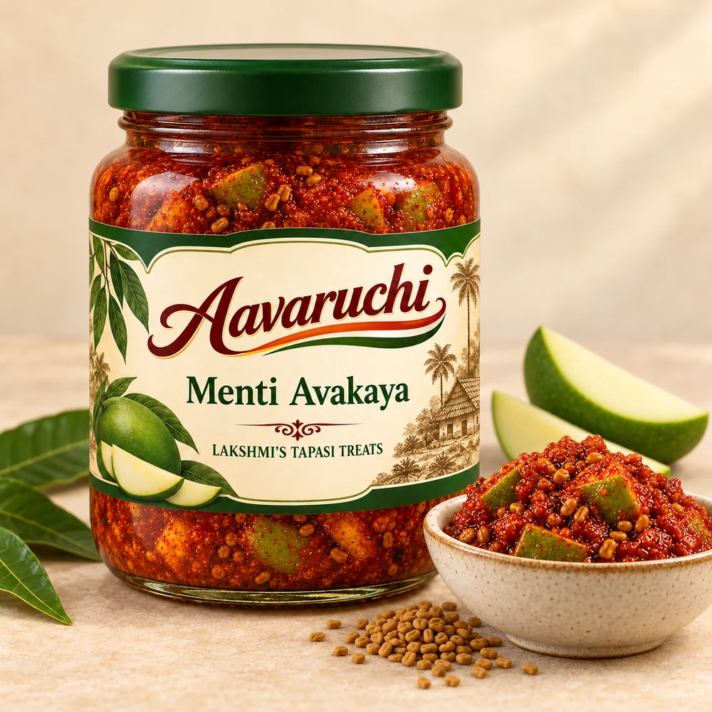 AI-generated product illustration of Avaruchi Menti Avakaya branded packaging