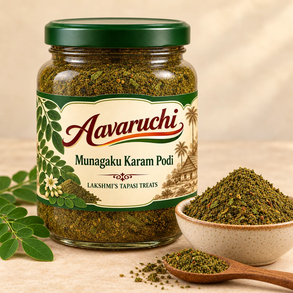AI-generated product illustration of Avaruchi Munagaku Karam Podi branded packaging