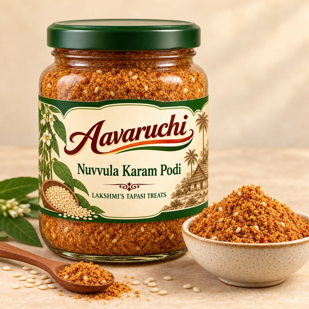 AI-generated product illustration of Avaruchi Nuvvula Karam Podi branded packaging