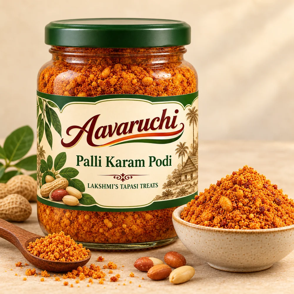 AI-generated product illustration of Avaruchi Palli Karam Podi branded packaging