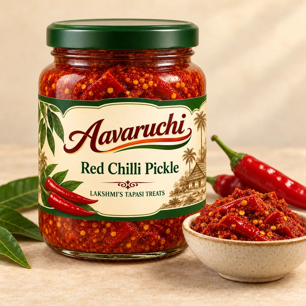 AI-generated product illustration of Avaruchi Red Chilli Pickle (Pandumirapakaya) branded packaging