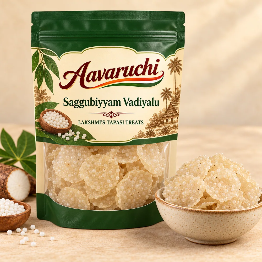 AI-generated product illustration of Avaruchi Saggubiyyam Vadiyalu branded packaging