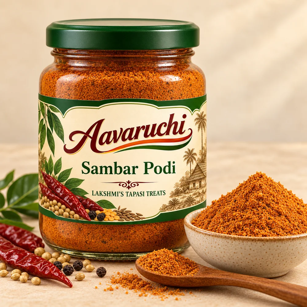 AI-generated product illustration of Avaruchi Sambar Podi branded packaging