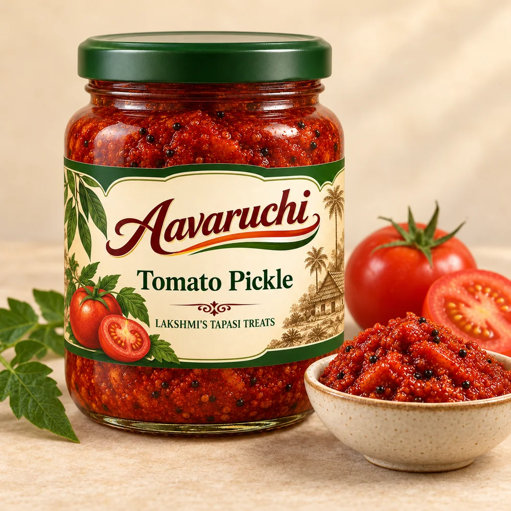AI-generated product illustration of Avaruchi Tomato Pickle branded packaging