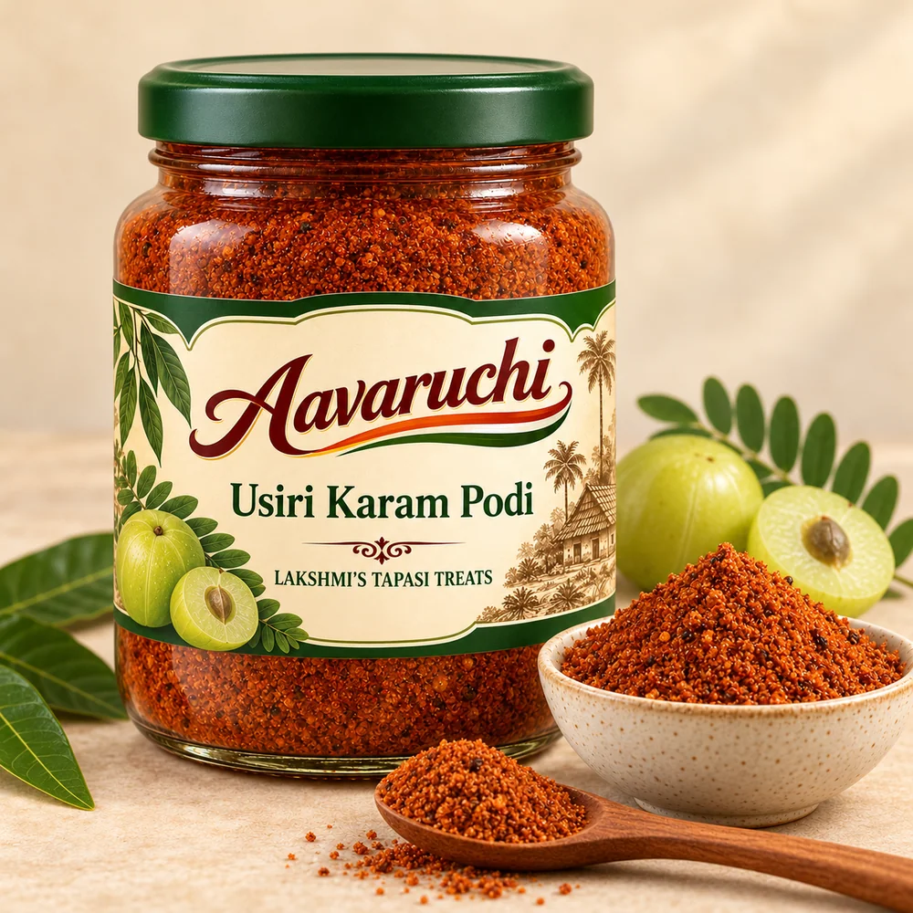 AI-generated product illustration of Avaruchi Usiri Karam Podi branded packaging